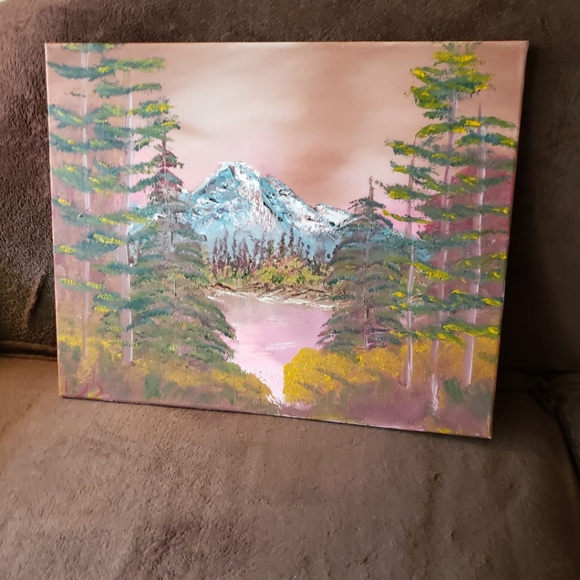 Bob Ross Inspired Autumn EvergreensOil Painting Red Brown Hues Mountains Canvas - Picture 2 of 3